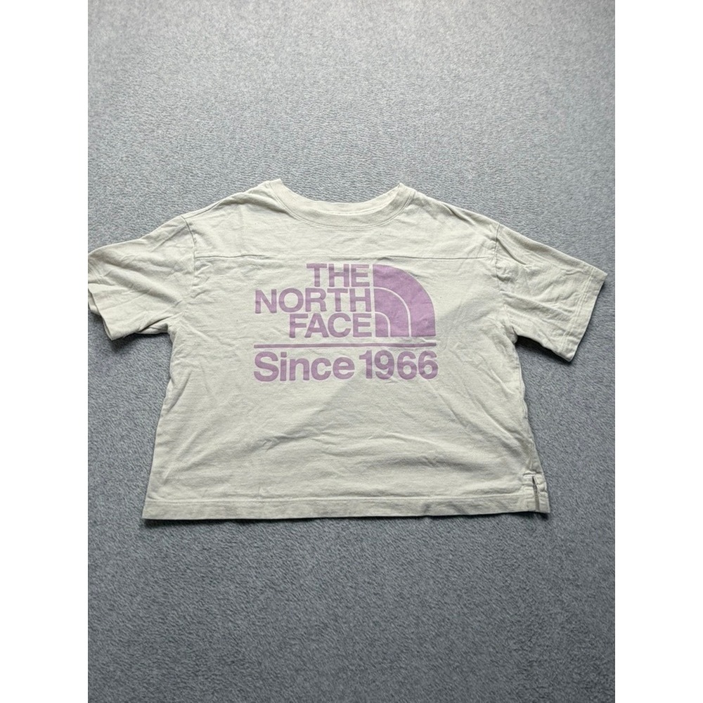 The North Face Womens Graphic Crop Top T-Shirt Cream Purple Logo Size Large
